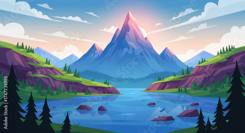 mountain landscape with lake and mountains