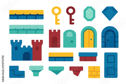 Modular fantasy castle construction kit with walls towers doors keys and precious jewels