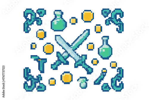 Pixel art fantasy game assets set with crossed swords magic potions and gold coins