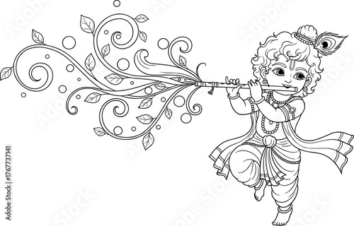 Intricate black and white line art of the Hindu deity Lord Krishna playing his divine flute with flowing floral patterns