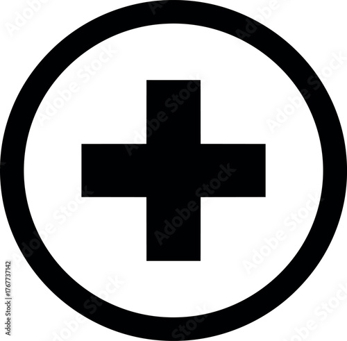 Simple black plus sign icon enclosed in a circle, symbolizing addition, creation, and positivity. A universal symbol for adding new items or zooming in, isolated on a white background