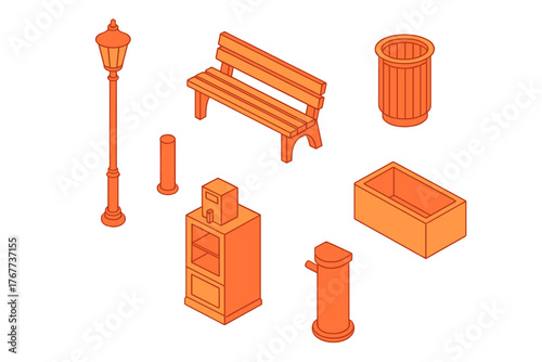 Isometric collection of public park and street furniture elements including bench and lamppost