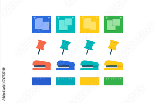 Colorful collection of office and school supplies featuring staplers pushpins rulers and memo boards