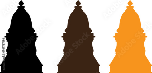 Three distinctive hindu temple silhouettes in black brown and orange against a white background