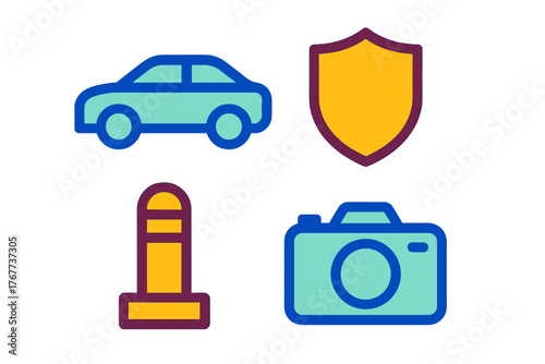 Set of modern flat line icons featuring car, shield, bollard, and camera symbols