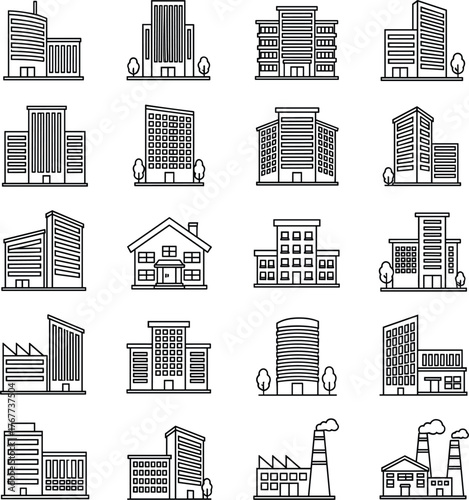 Line Art Building Editable Vector Icons Set for Architecture, Real Estate, and Urban Design.