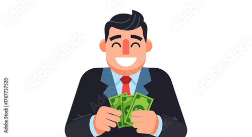 Businessman Showing Joy while Holding Money with a Happy and Satisfied Expression