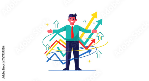 Businessman Standing Proudly with Dynamic Growth Arrows Represents Business Success