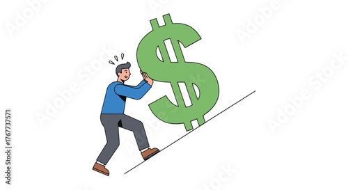 Businessman Working Hard to Push a Giant Dollar Symbol Representing Financial Success