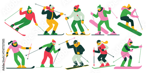 Winter sports vector illustration set featuring people skiing and snowboarding, holiday activity collection in colorful flat style for seasonal designs