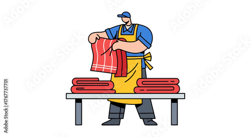 Butcher in Uniform Arranges Prepared Meats in a Clean and Organized Manner