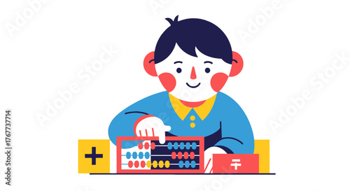 Calculating Child Using Abacus in Bright And Colorful Illustration On Black Background
