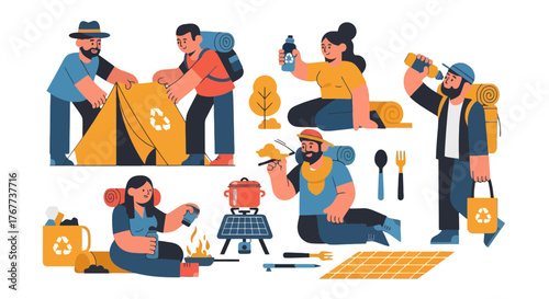 Camping Activities Depicted In An Organized Flat Illustration Style On Black Background