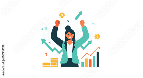 Businesswoman Celebrates Success, Financial Growth, and Positive Investment Returns