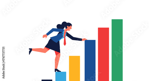 Businesswoman Climbing Growth Charts, Illustrating Business Progress On Black Background