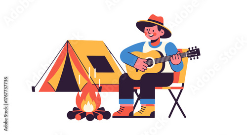 Camping Musician Plays Guitar by Campfire, Enjoying The Outdoors and Nature Sounds, Vector