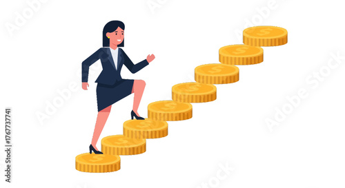 Businesswoman Climbing Coin Steps Demonstrating Financial Growth And Career Progression