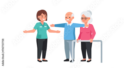 Caring Companion Assists Elderly Couple With Walker for Support and Assistance