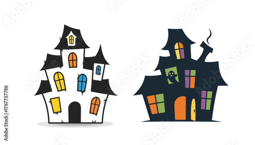 Two cartoon haunted houses, one white and one dark blue, with crooked windows and spooky designs, isolated on a white background.