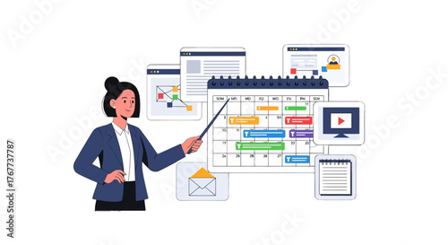 Businesswoman Explaining Schedule Using Calendar and Digital Platforms Illustration