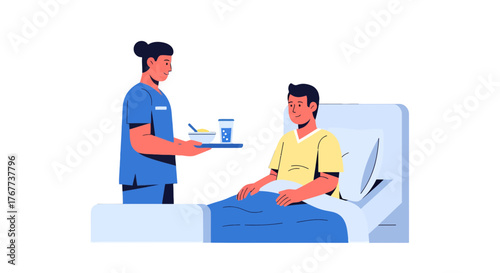 Caring Nurse Serving Meal To Patient In Hospital Room, Healthcare, Medical Assistance