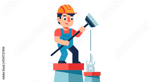 Cartoon Construction Worker Cleaning Area With Broom On Isolated Black Background
