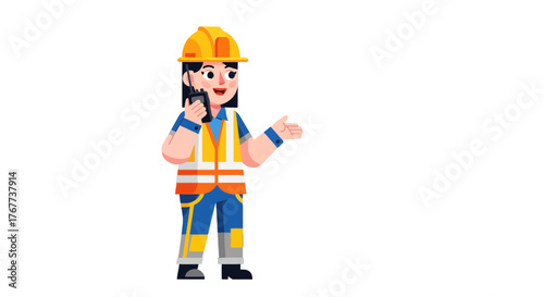 Cartoon Construction Worker With Communication Device Gesturing Against Black Background