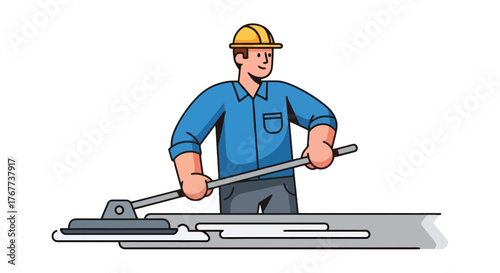 Cartoon Construction Worker Employed For Concrete Work With Safety Hard Hat On Surface.