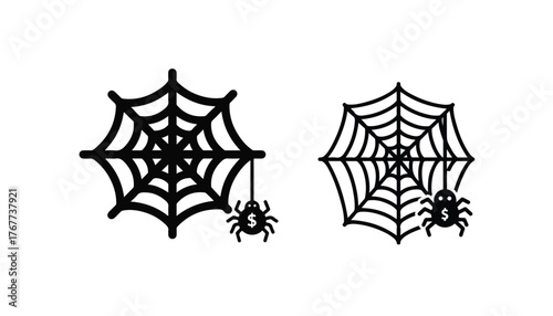 Two stylized black and white illustrations of spiderwebs with attached spiders, ready for Halloween.
