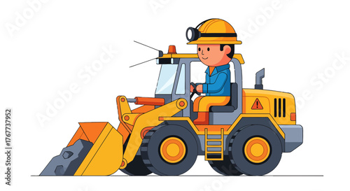 Cartoon Excavator At Work With Miner, Construction, And Black Background Scene