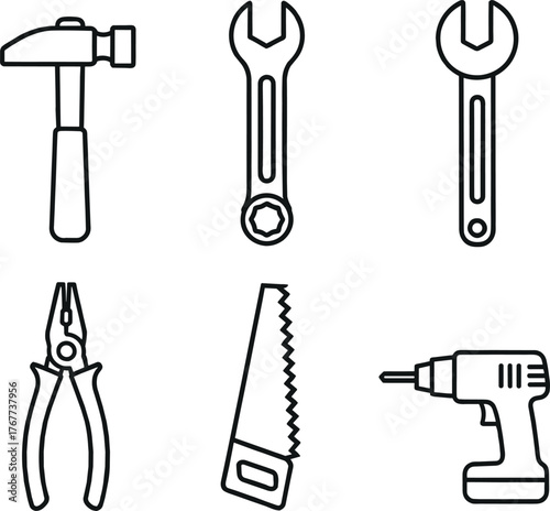 Line Art Construction Tools Editable Vector Icons for Builders, Mechanics, and DIY Design.