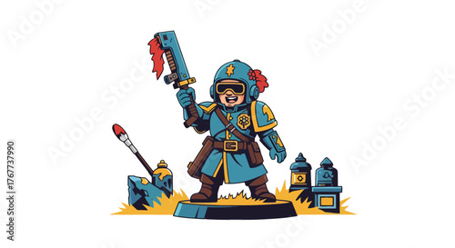 Cartoon Heroic Figure Ready For Action With a Huge Combat Weapon Ready To Fight