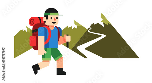 Cartoon Hiker Ascending a Mountain Trail Amidst Peaks and Scenic Wilderness