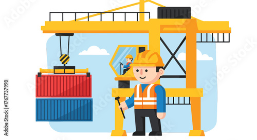 Cartoon Illustration Depicting a Logistics Professional at a Shipping Port Operation