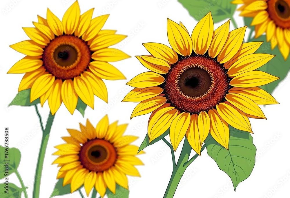 Obraz premium Anime-style sunflower, vibrant yellow petals, white background, artwork, bright