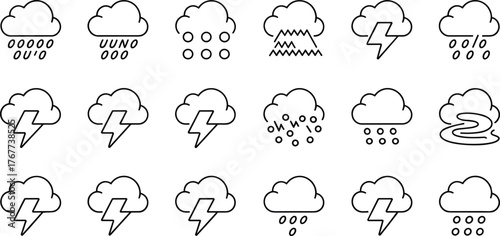 Weather forecast icons collection, cloud and rain line symbols, thunderstorm, snow, fog, meteorology illustration, climate condition design elements