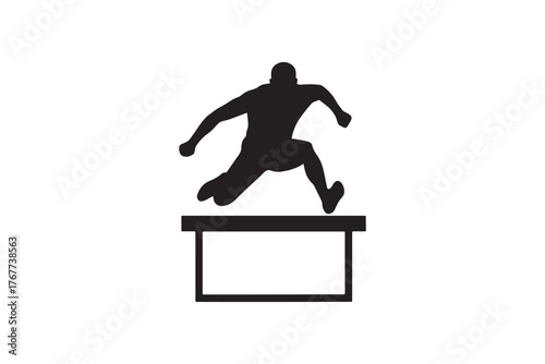Running man jumping over hurdle black silhouette illustration