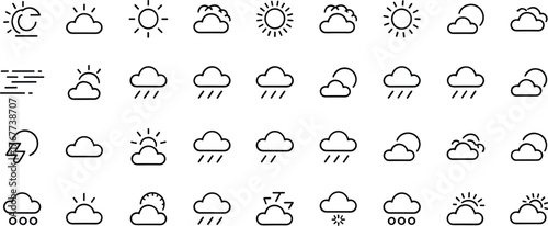 Weather forecast outline icons collection, sun cloud rain lightning snow symbols, climate prediction vector, minimal line art, meteorology design illustration