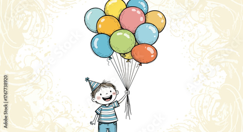 Sketch of a joyful boy celebrating with a bunch of colorful balloons on his birthday occasion