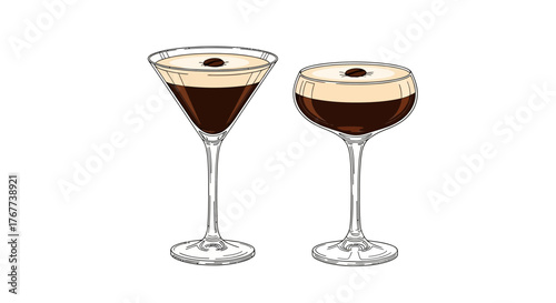 Elegant Hand-Drawn Espresso Martini Illustration with Coffee Bean Garnish on a Clear Background
