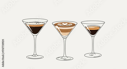 Elegant espresso martinis variations in sketched martini glasses for cafe menu designs