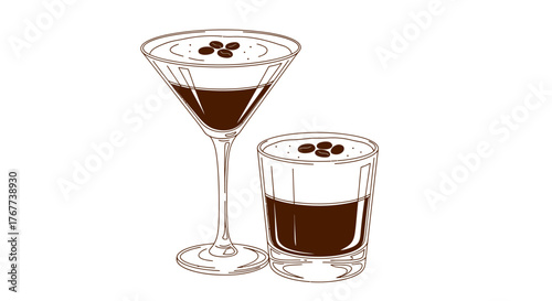Elegant monochrome illustration featuring two coffee cocktails a martini and a short drink glass
