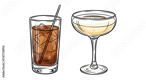 Charming cocktail illustrations showcasing a refreshing highball and a vintage coupe glass drink