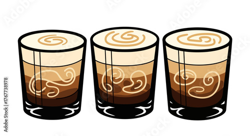 Three decorative glasses of layered coffee drink with frothy cream swirl toppings illustration