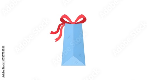 Blue gift bag with red ribbon for New Year, Christmas  