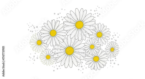 Elegant floral design featuring a cluster of white daisies with yellow centers and subtle gray dots