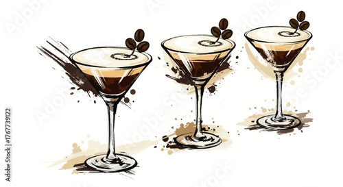 Espresso martini trio with stylized watercolor splash effect enhancing the cocktail art