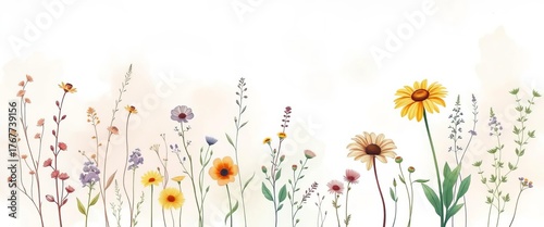 Soft watercolor wash backdrop featuring delicate line art of various herbs and wildflowers,  flowers,  mint