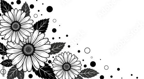 Monochrome Floral Corner Design with Daisies, Leaves, and Spherical Accent Elements Composition
