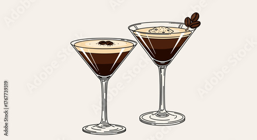 Elegant espresso martini sketch illustration depicting two stylish cocktail glasses beautifully